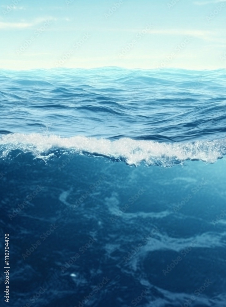 Fototapeta premium Calm ocean surface with gently lapping waves in shades of blue and white, creating a serene and dynamic background for underwater scenes.