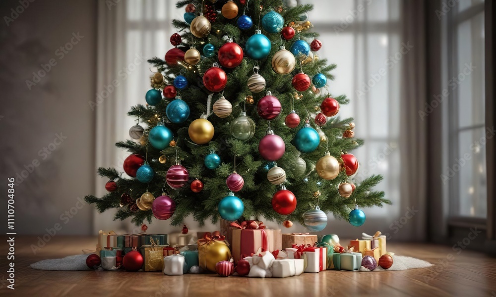 A classic Christmas tree decorated with traditional glass baubles in a range of colors, elegant glass, vintage ornaments, classic tree A classic Christmas tree decorated with traditional glass baubles in a range of colors, elegant glass, vintage ornaments, classic tree