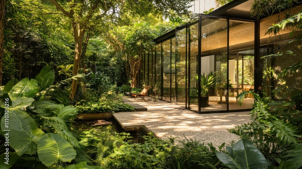 Modern glass house nestled in lush tropical garden. Modern glass house nestled in lush tropical garden.