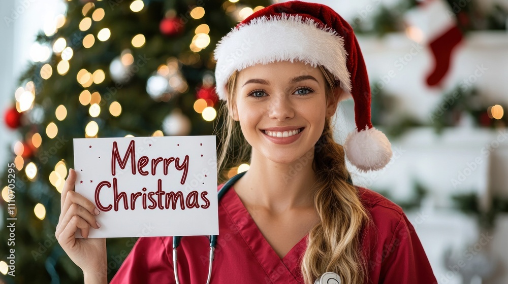 A cheerful nurse in festive scrubs holds a A cheerful nurse in festive scrubs holds a