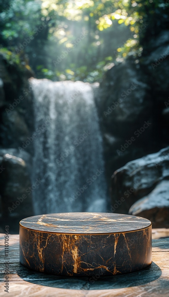 A serene waterfall surrounded by lush greenery and smooth rocks. A serene waterfall surrounded by lush greenery and smooth rocks.