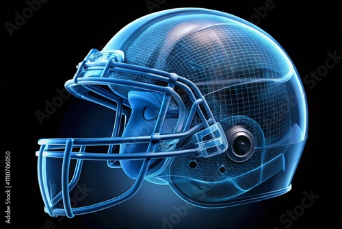 Exploring the Intricacies of an American Football Helmet: A Blue Rotating Wireframe X-ray Animation Showcasing Safety Features and Design Elements in Dynamic Motion photo