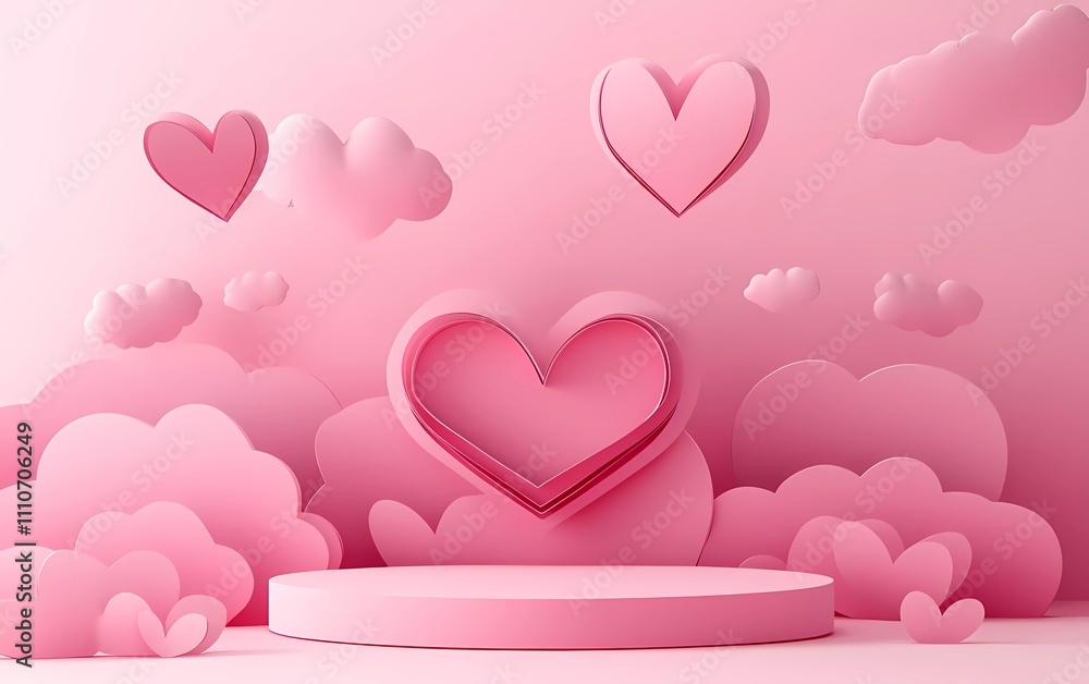 3D rendering of a Valentine's Day background with empty space for product presentation, mockup design elements, paper-cut heart shapes flying around the podium, in a pink color scheme. 3D rendering of a Valentine's Day background with empty space for product presentation, mockup design elements, paper-cut heart shapes flying around the podium, in a pink color scheme.