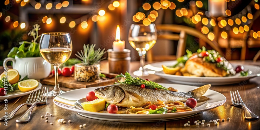 Fototapeta premium Exquisite Fish Dishes for a Memorable Restaurant Dinner Celebration Featuring Elegant Table Settings and Gourmet Plating in a Cozy Ambiance with Copy Space for Text Overlay
