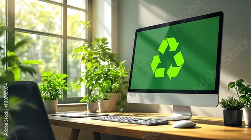 Desktop Computer with Green Recycle Symbol Representing Electronic Waste Recycling and Proper Disposal