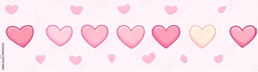 A pink background with hearts in the middle, a simple pattern of cartoon-style hearts arranged horizontally along one side, designed for Valentine's Day decoration or as an elegant border.