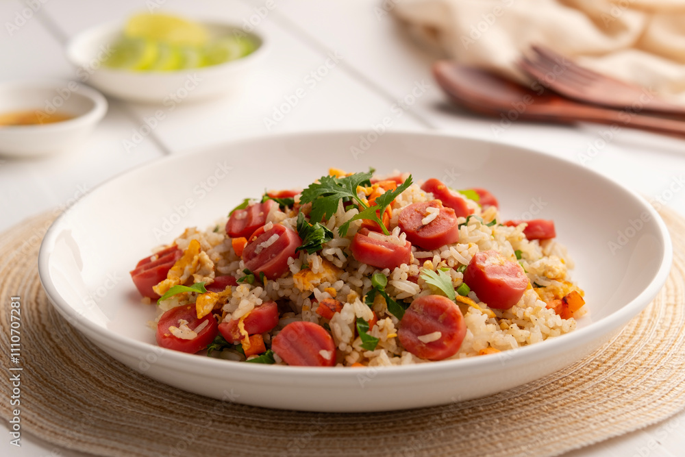 Sausage Fried rice.Stir fried Thai rice with hot dog ,carrot and eggs in white plate on wood table Sausage Fried rice.Stir fried Thai rice with hot dog ,carrot and eggs in white plate on wood table