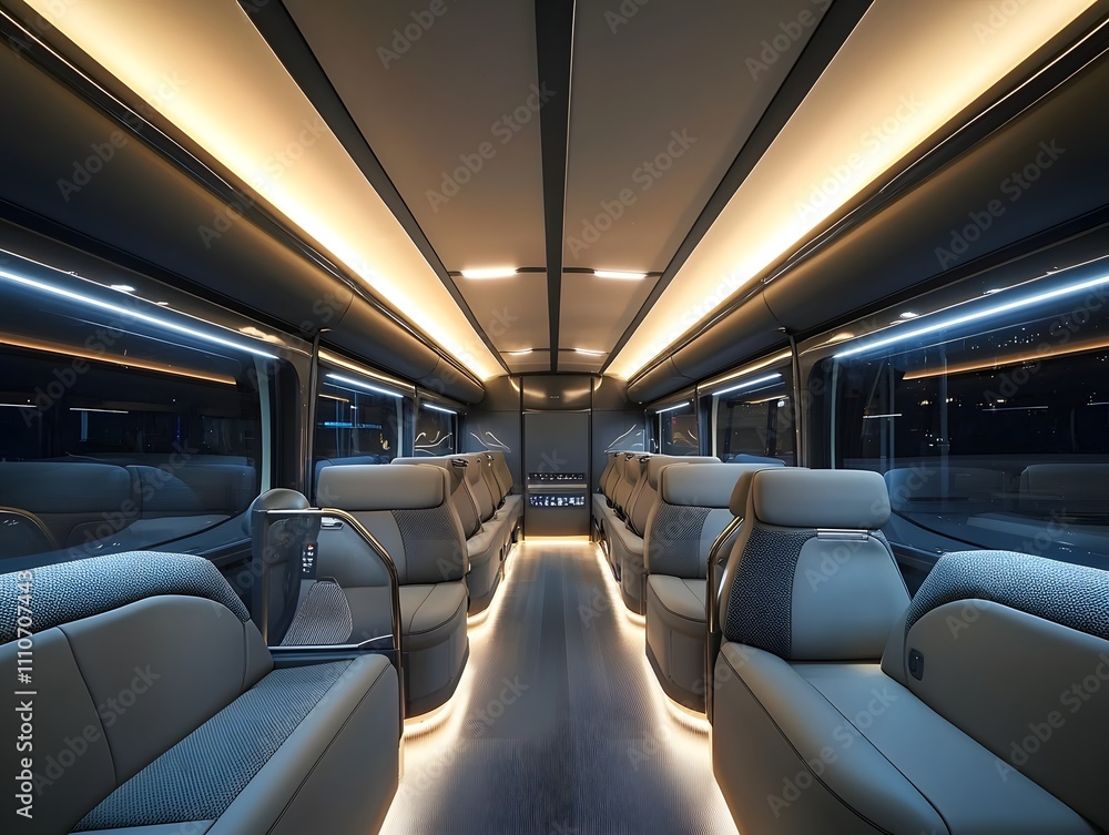 Sophisticated bus interior with spacious seating and modern finishes. Designed for long-distance comfort with sleek decor and soft lighting. Sophisticated bus interior with spacious seating and modern finishes. Designed for long-distance comfort with sleek decor and soft lighting.