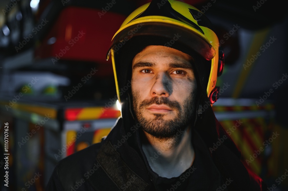 Photo of fireman with gas mask and helmet near fire engine Photo of fireman with gas mask and helmet near fire engine
