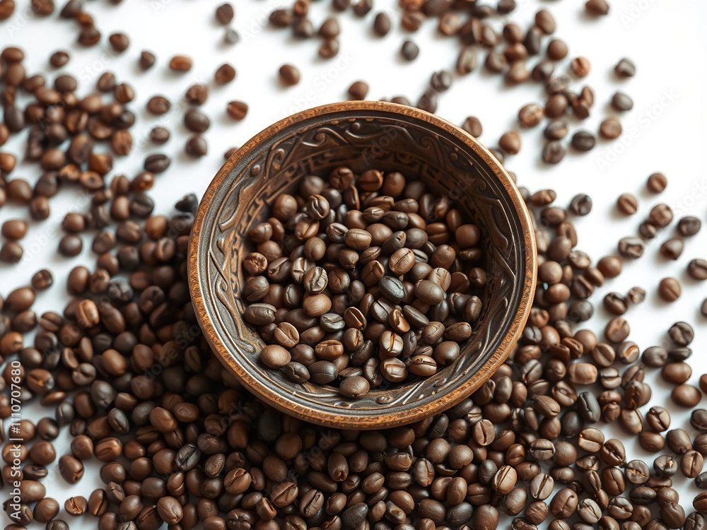 Fototapeta premium A heap of coffee beans scattered around a shallow wooden bowl with intricate carvings , coffee cup, brown colors, natural material