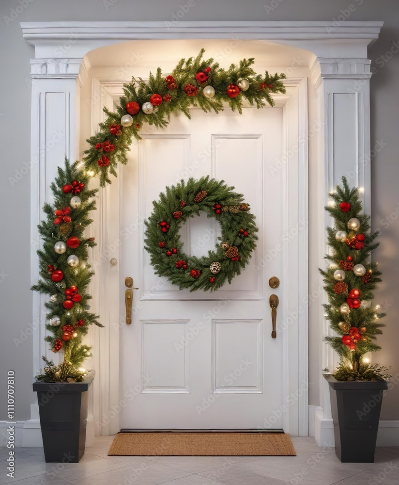 A large Christmas wreath in front of a white door , christmas, decorative, wreath A large Christmas wreath in front of a white door , christmas, decorative, wreath
