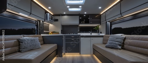 Sophisticated caravan interior with a compact kitchen, soft ambient lighting, and premium leather couches for ultimate comfort on the road.