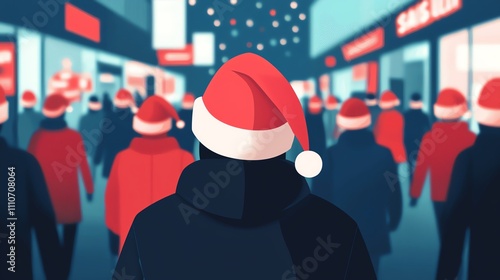 Crowded shopping mall with Christmas lights, sale signs on store windows, people wearing Santa hats, holiday music in the background, streetlevel perspective photo