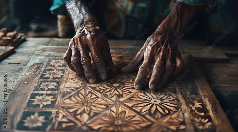 Fototapeta premium A craftsman intricately carves a wooden panel, showcasing detailed floral patterns, emphasizing traditional artistry and skilled craftsmanship.