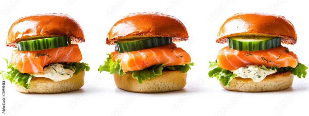 A trio of sliders featuring salmon, dill aioli, and cucumber slices A trio of sliders featuring salmon, dill aioli, and cucumber slices