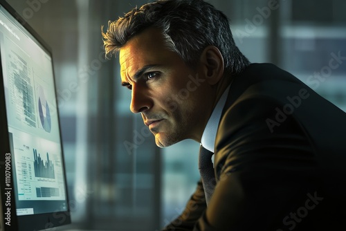 Portrait of a businessman in a sleek modern office, deep in thought, staring at a computer screen displaying a crisis report, intense expression, photorealistic, calm yet focused. 