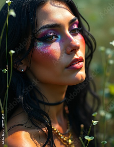 a mystical, spiritual, spiritual, spiritual, psychic woman from the seventeen hundred years with smooth facial features, shimmering red purple yellow green blue white colors, small green leaves blowin photo