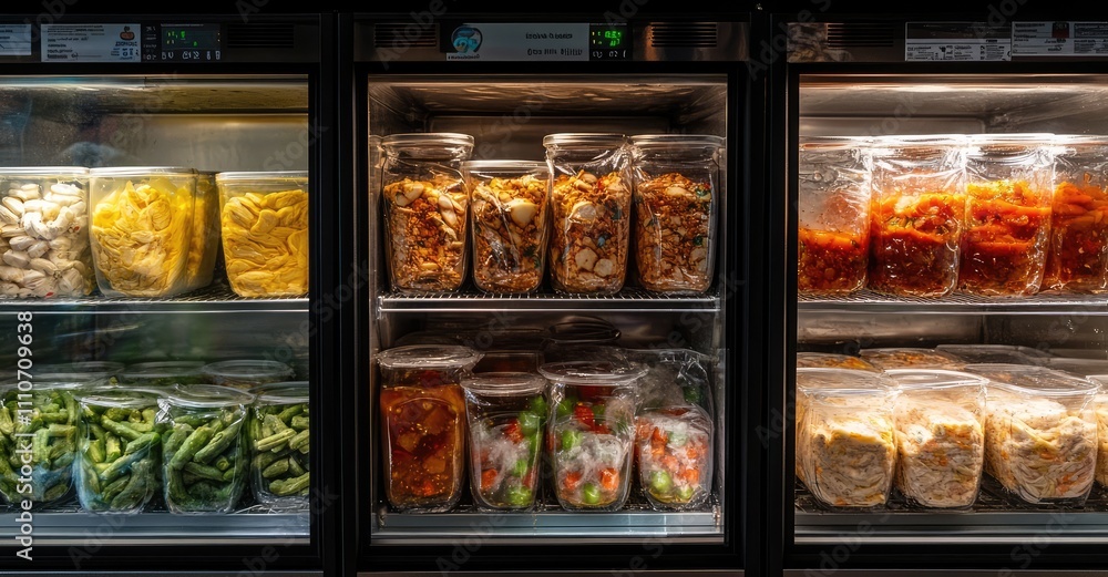 Frozen Food in the Freezer: Soup, Vegetables, and Ready Meals. AI generated illustration. Frozen Food in the Freezer: Soup, Vegetables, and Ready Meals. AI generated illustration.