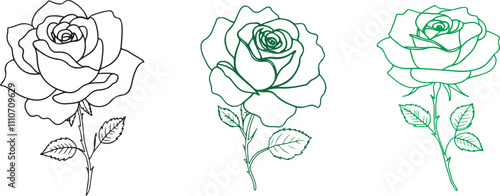 Black silhouette of rose, Valentines day silhouette of rose element set. Romantic silhouette of rose.