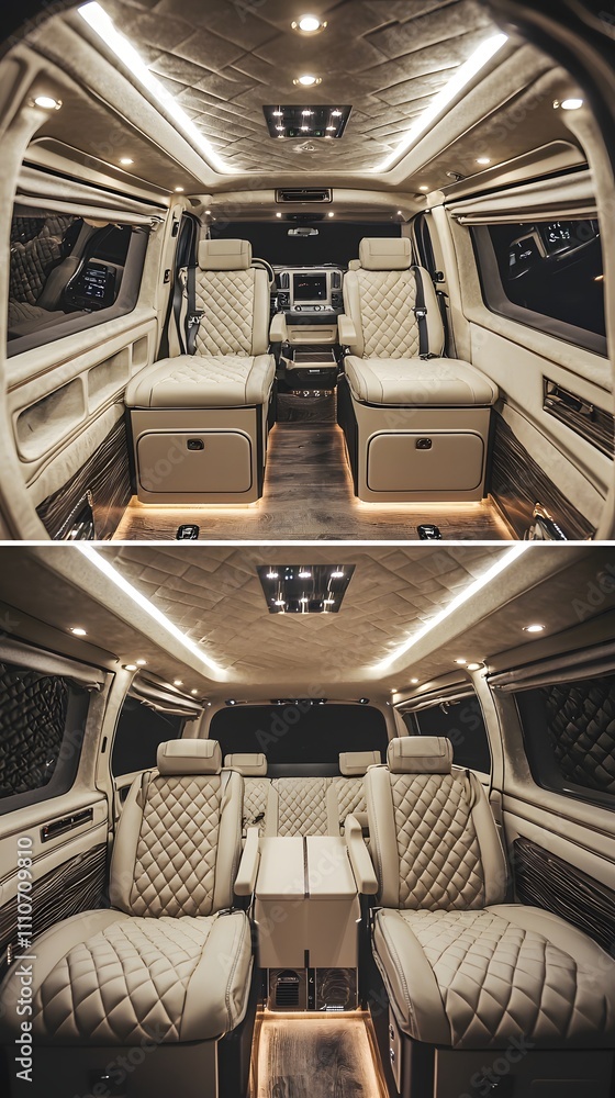 Sophisticated luxury van interior with refined materials and spacious layout. Clean, modern lines for a comfortable and stylish journey. Sophisticated luxury van interior with refined materials and spacious layout. Clean, modern lines for a comfortable and stylish journey.