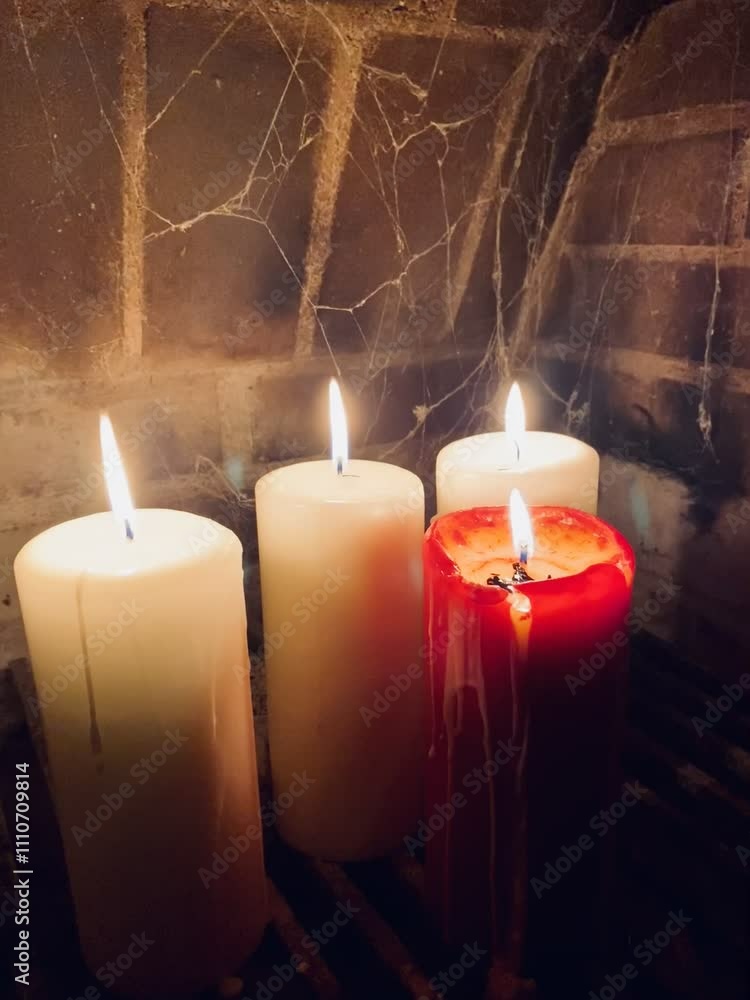 Płonące świece woskowe w starym, średniowiecznym murowanym kominku pełnym pajęczyn. Gotycki klimat. Loop, pętla. Płonące świece woskowe w starym, średniowiecznym murowanym kominku pełnym pajęczyn. Gotycki klimat. Loop, pętla.
