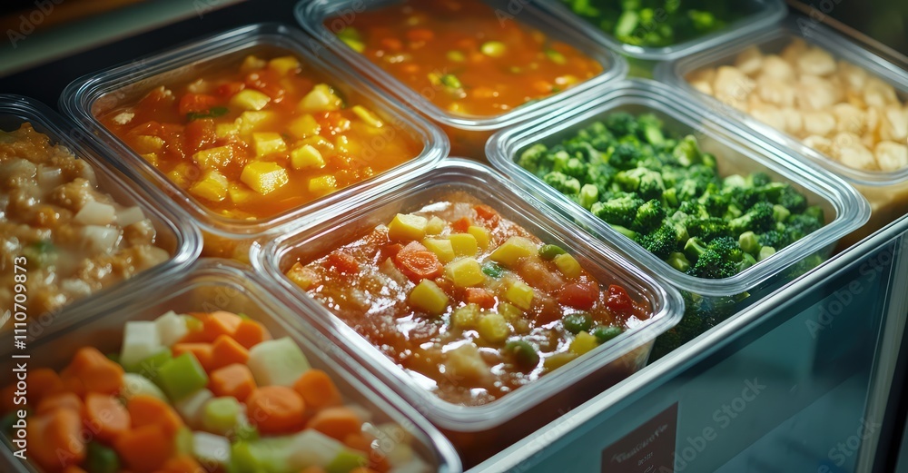 Frozen Food in the Freezer: Soup, Vegetables, and Ready Meals. AI generated illustration. Frozen Food in the Freezer: Soup, Vegetables, and Ready Meals. AI generated illustration.