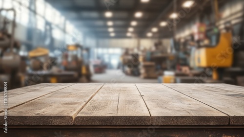 Wallpaper Mural Wooden tabletop foreground with a blurred backdrop of a factory workshop, highlighting machinery and tools. Torontodigital.ca