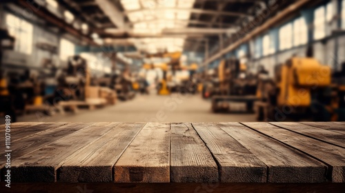 Wallpaper Mural Wooden tabletop foreground with a blurred backdrop of a factory workshop, highlighting machinery and tools. Torontodigital.ca