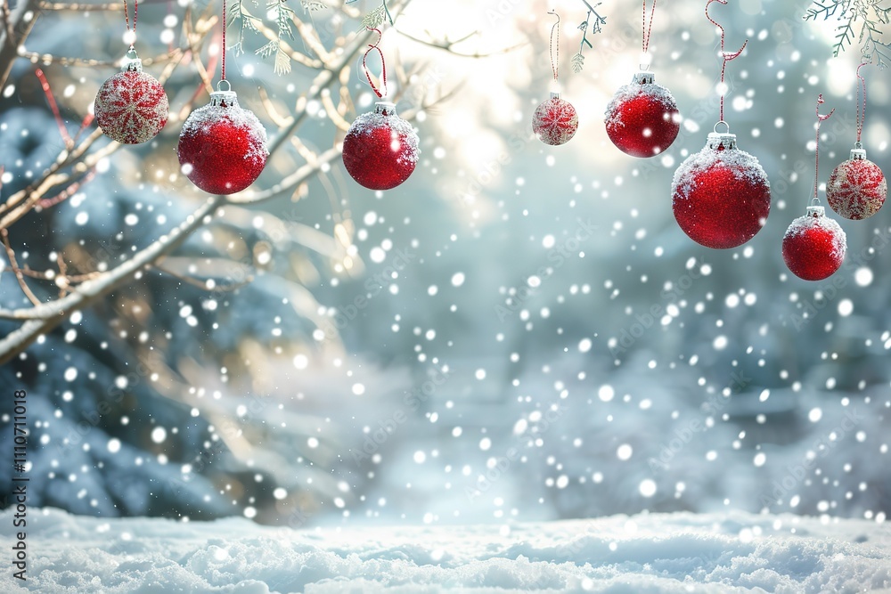 A snowy landscape with red and white Christmas ornaments hanging from a tree A snowy landscape with red and white Christmas ornaments hanging from a tree