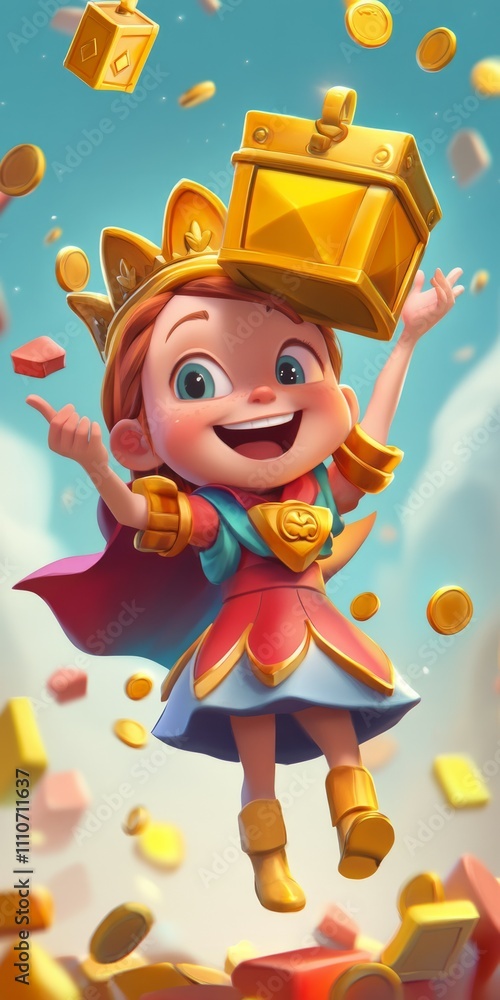 Fototapeta premium Illustrated queen character holding a chest, excited , for casual game