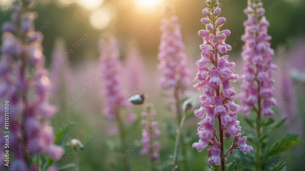Obraz premium A field of pink flowers with the sun setting in the background