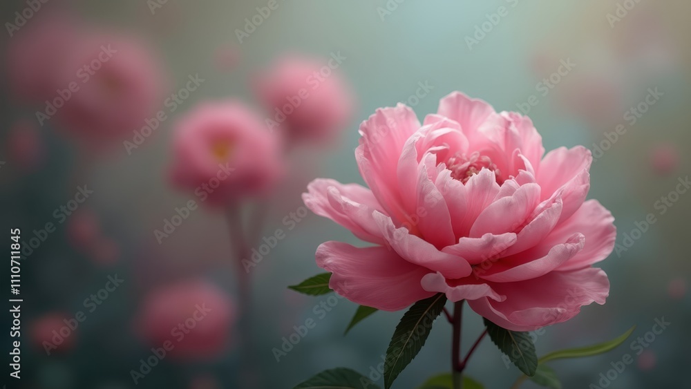 A single pink flower with green leaves in the background A single pink flower with green leaves in the background