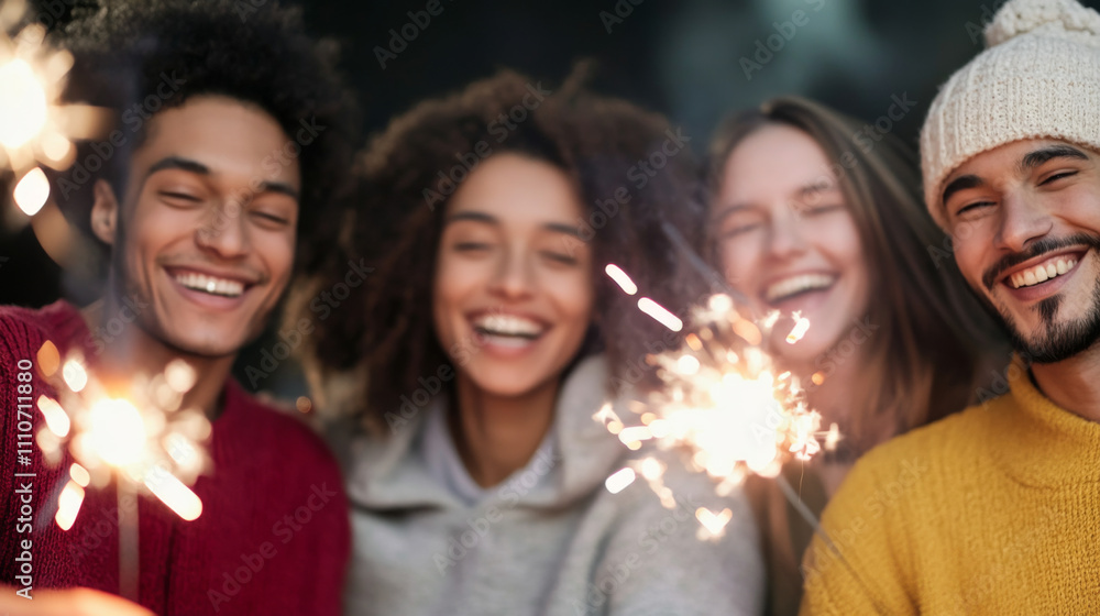 People holding sparklers celebrating outdoors at night, joy and happiness People holding sparklers celebrating outdoors at night, joy and happiness