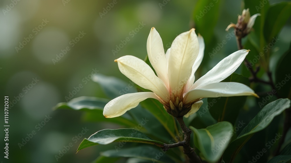 A white flower on a tree branch with green leaves A white flower on a tree branch with green leaves