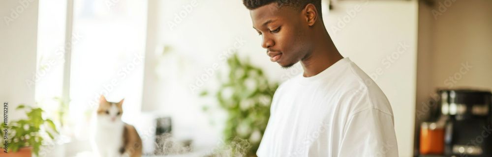 Young man cooking breakfast at home in sunlit modern kitchen, morning routine Young man cooking breakfast at home in sunlit modern kitchen, morning routine