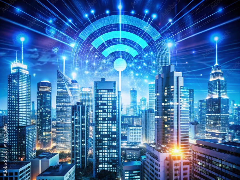 Futuristic City Landscape with Wireless Network and Binary Code for Business Communication and Community Connection in a Cyberspace Environment Futuristic City Landscape with Wireless Network and Binary Code for Business Communication and Community Connection in a Cyberspace Environment