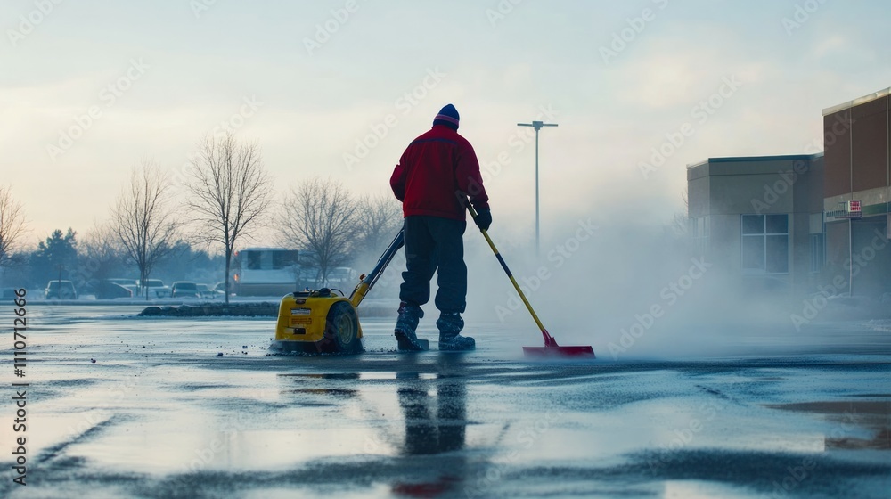Obraz premium Image of a man with professional deicing a parking lot in winter