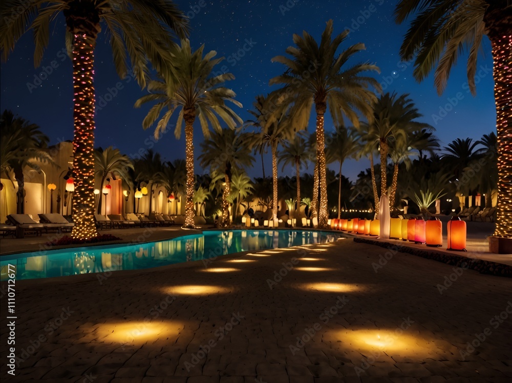 An oasis lit up with colorful lanterns, palm trees adorned with glowing ornaments An oasis lit up with colorful lanterns, palm trees adorned with glowing ornaments