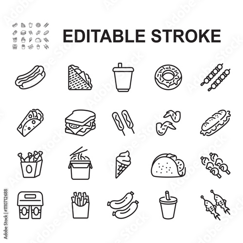 Set of icons of street food, fast food. Thin line vector. Contains icons such as hot dog, kebab, ice cream. photo