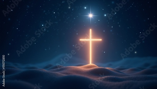 Shining Cross with Bethlehem Star Brightly Glowing Above, Surrounded by Twinkling Stars on Deep Blue Sky Background photo