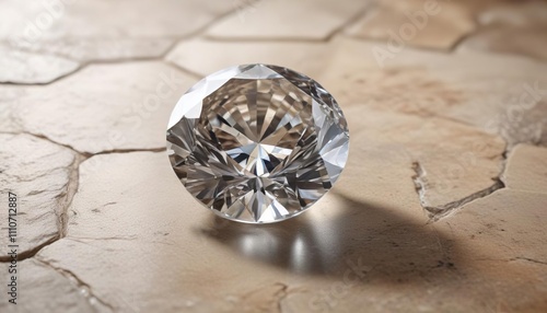 A stunning colorless round cut diamond is showcased on a pale brown natural stone tile base , elegant, colorless diamond