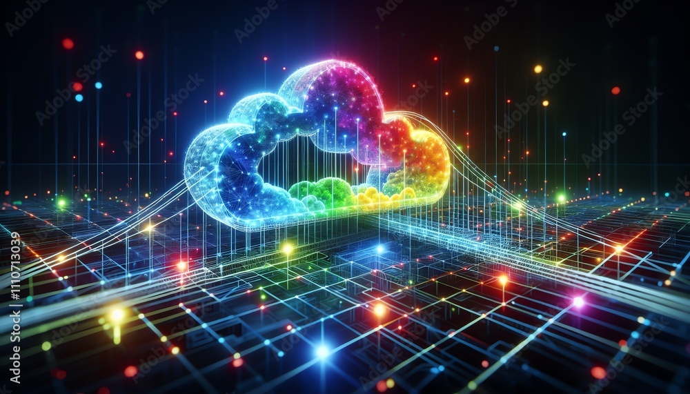 Fototapeta premium A 3D futuristic representation of Cloud Bridge in cloud computing technology