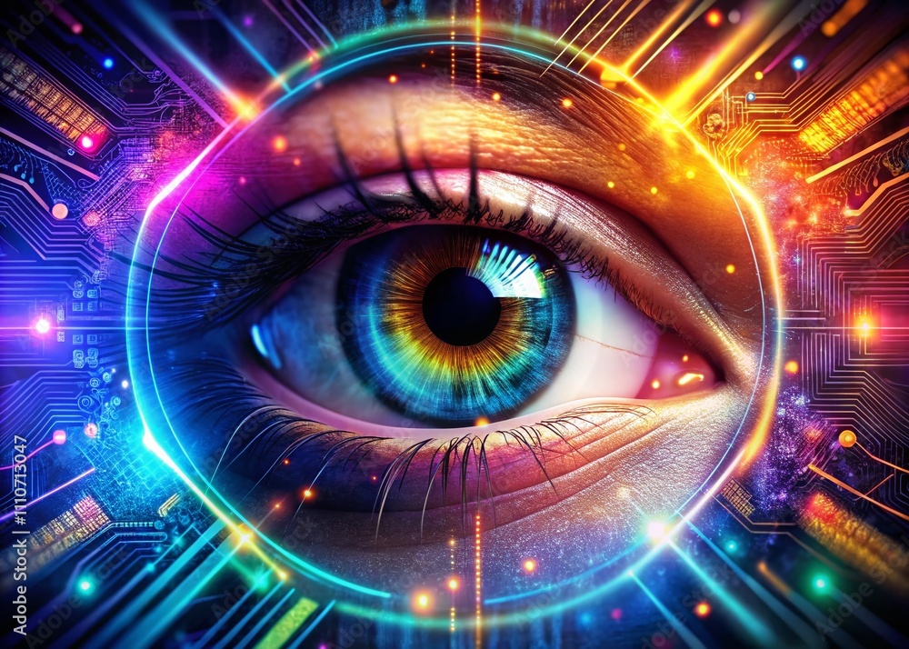 Futuristic Double Exposure of an Electronic Eye Surrounded by Advanced Technology Elements and Digital Patterns in a Strikingly Modern Design Futuristic Double Exposure of an Electronic Eye Surrounded by Advanced Technology Elements and Digital Patterns in a Strikingly Modern Design
