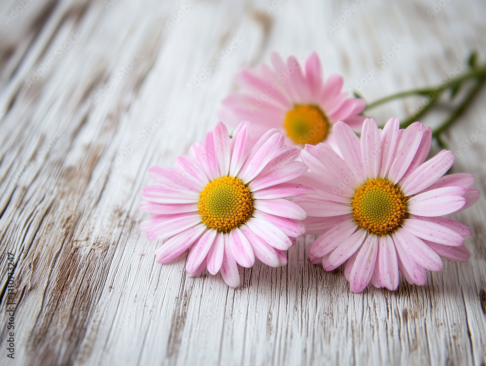 Obraz premium White wooden spring background with pink daisy flowers. White wooden shabby chic spring background with pink daisy flowers.