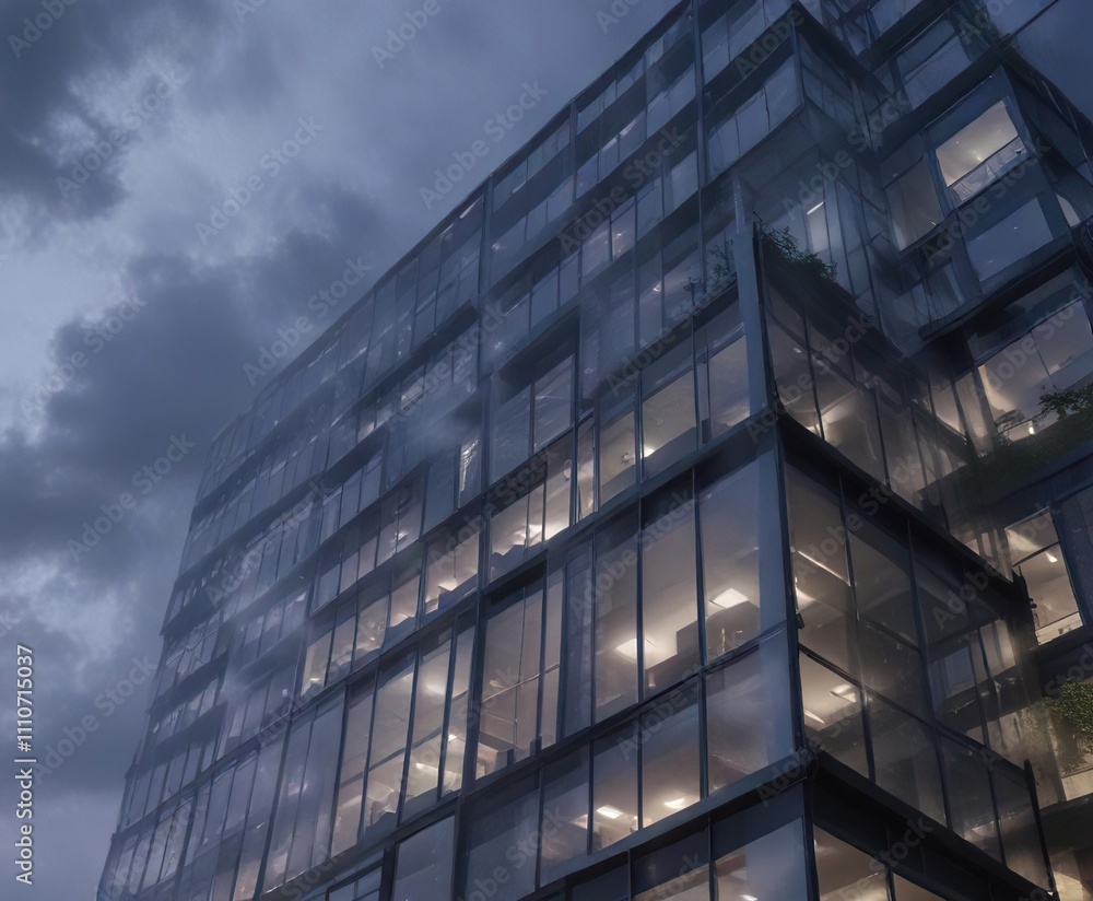 Cloudy sky and foggy windowpane of a high-rise office building at twilight , urban, twilight hours, glass Cloudy sky and foggy windowpane of a high-rise office building at twilight , urban, twilight hours, glass