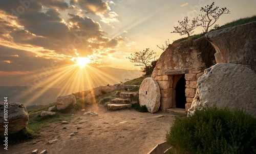 Empty tomb at sunrise with rolling stone and sunbeams