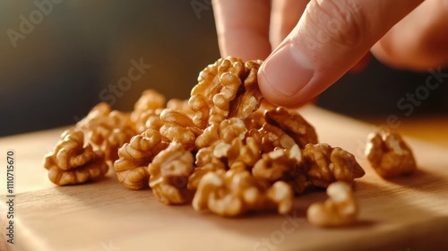 Hand picking fresh walnuts kitchen food photography natural lighting close-up healthy snacking