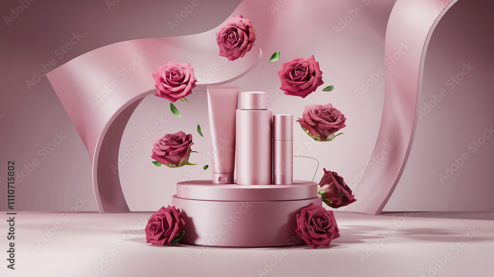 abstract pink background with a floral arch and paper flowers. There is a modern fashion design on around stage design for cosmetic or product display podium 3d render. abstract pink background with a floral arch and paper flowers. There is a modern fashion design on around stage design for cosmetic or product display podium 3d render.