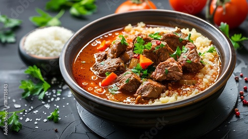 Spicy gumbo stew with beef served with couscous and harissa sauce middle eastern cuisine