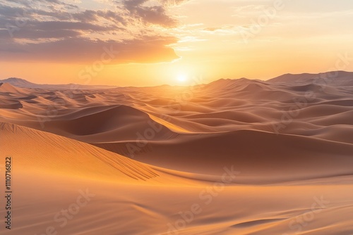 Fototapeta Naklejka Na Ścianę i Meble -  Vast desert landscape with rolling sand dunes under a dramatic sunset, creating a golden hue across the endless sandy expanse.